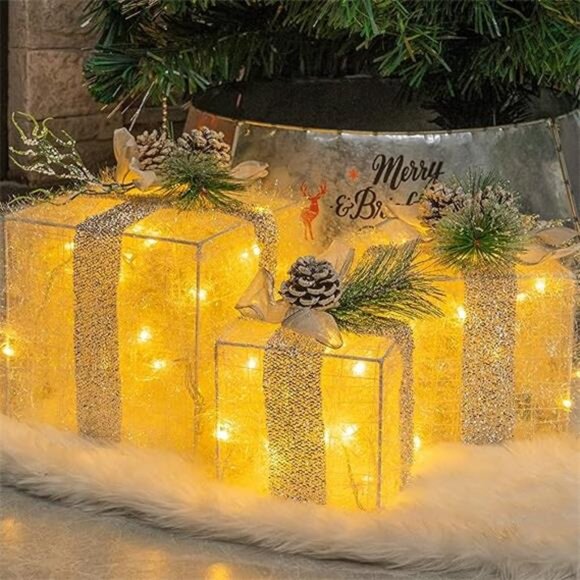 Set of 3 Christmas Lighted Gift Boxes, Pre-lit 60 LED Light...
